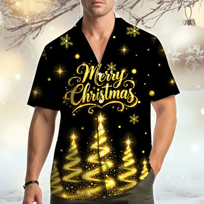 Front view of the black and gold christmas hawaiian shirt with elegant script