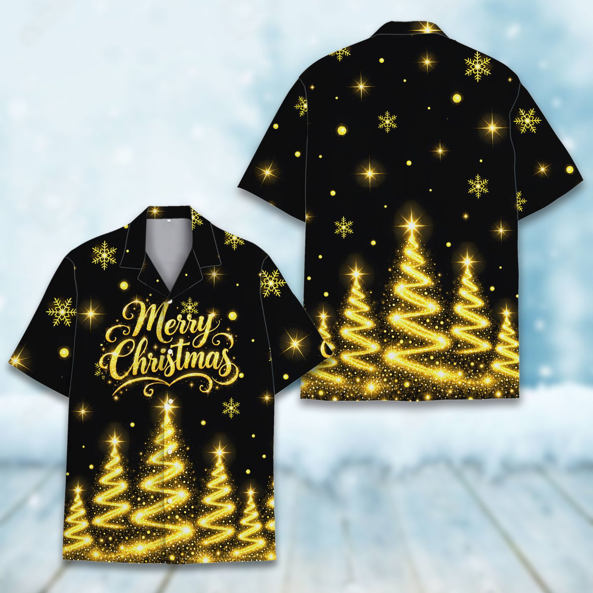 Side or alternate view of the black and gold hawaiian shirt