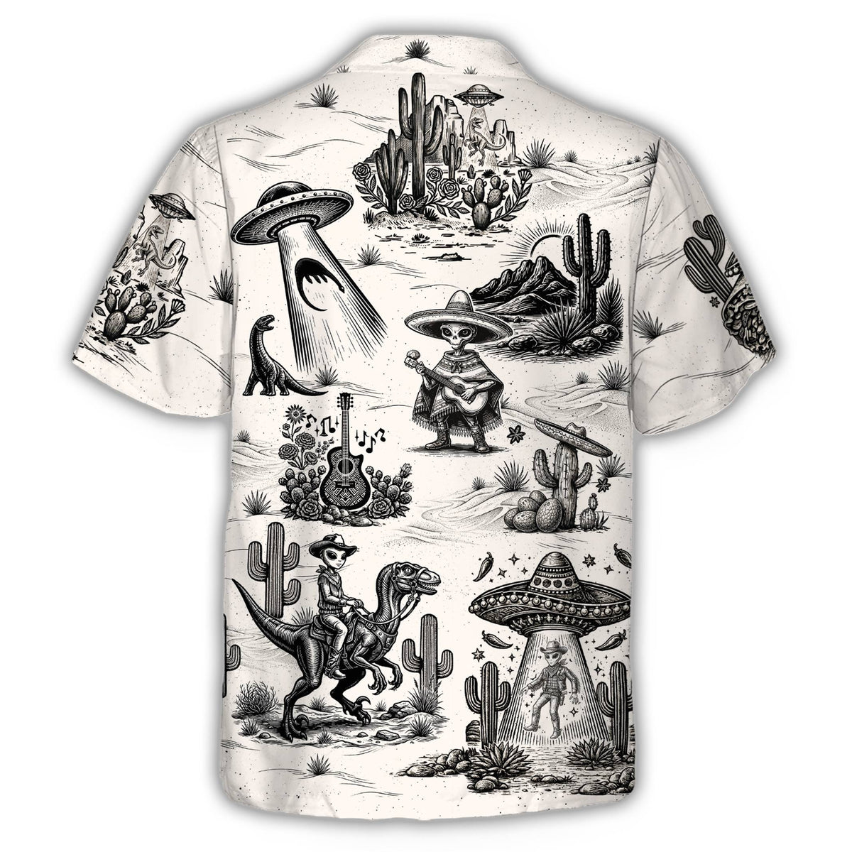 Back view of the black and white Cinco de Mayo aliens hawaiian shirt