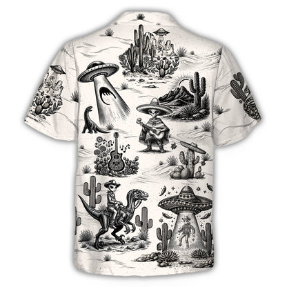 Back view of the black and white Cinco de Mayo aliens hawaiian shirt