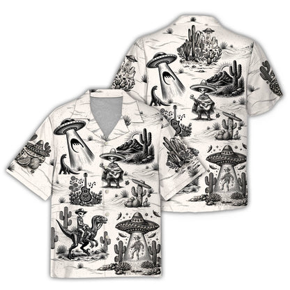 Front view of the black and white Cinco de Mayo aliens hawaiian shirt
