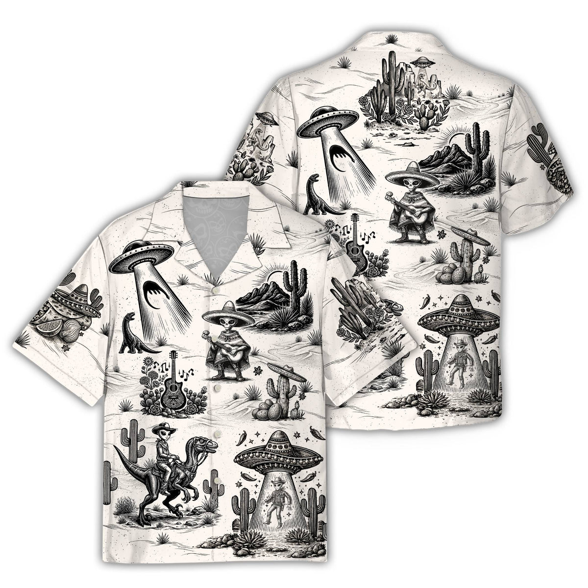 Black and white Cinco de Mayo aliens hawaiian shirt featuring UFOs and dinosaurs, main view