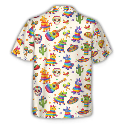 Back view of the beige Cinco de Mayo hawaiian shirt with sombreros and cacti
