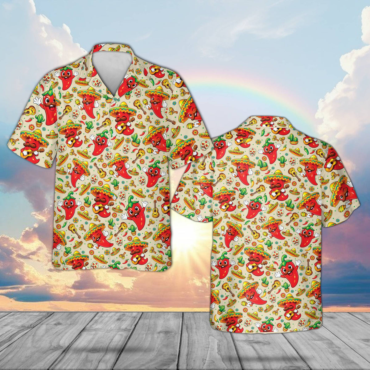 Beige holiday hawaiian shirt with cartoon sombrero chili pepper design, front view