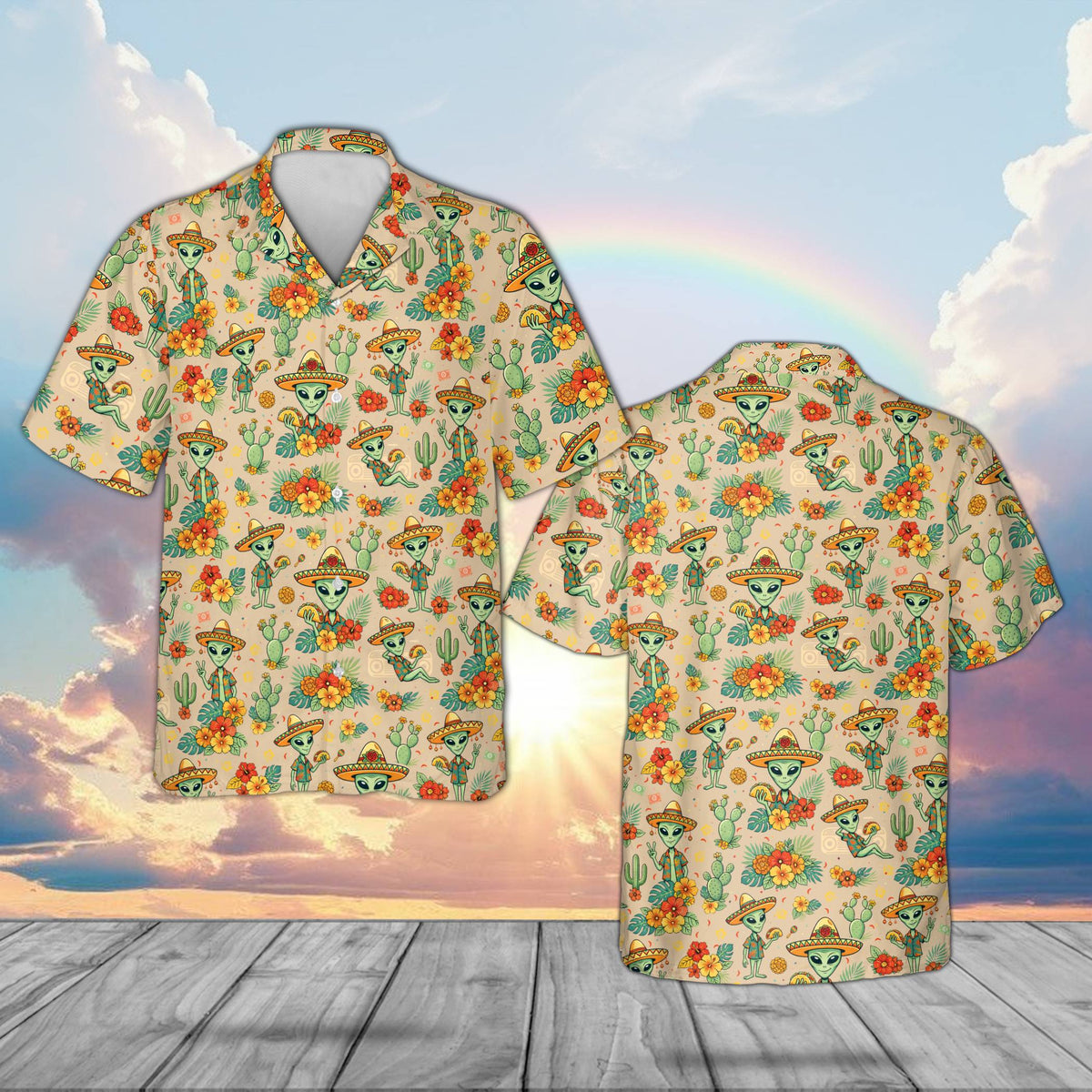 Front view of a beige tropical hawaiian shirt with alien and cactus design