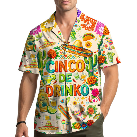 Main view of the beige cinco hawaiian shirt featuring Cinco De Drinko design