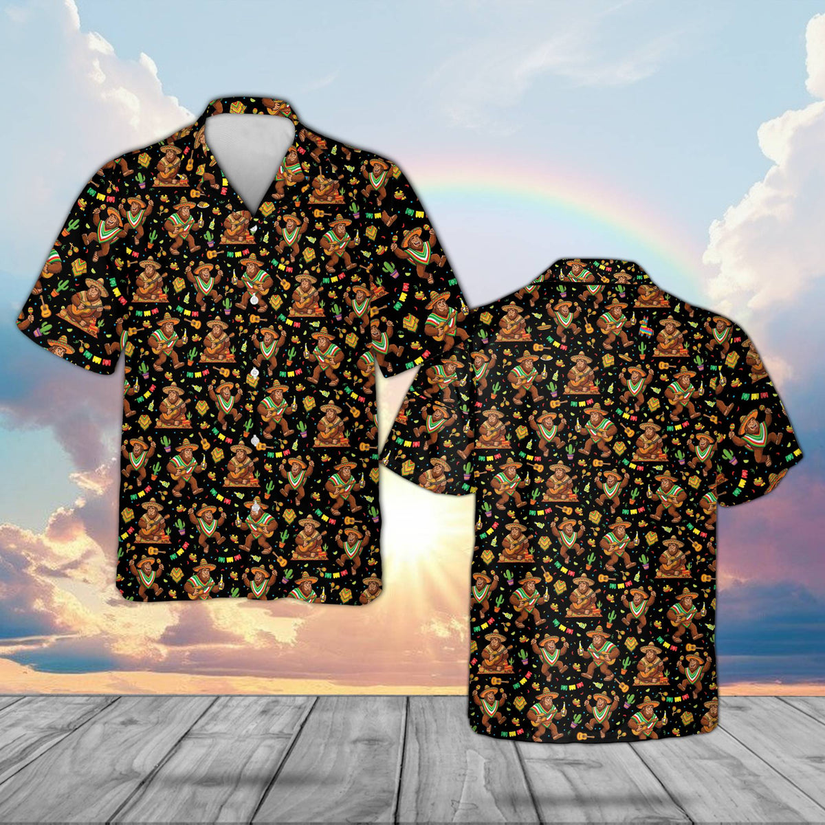 Black cinco de mayo bigfoot hawaiian shirt featuring a festive repeating pattern, front view