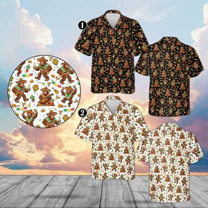 Detailed view of the holiday hawaiian shirt showcasing bigfoot with sombrero and maracas