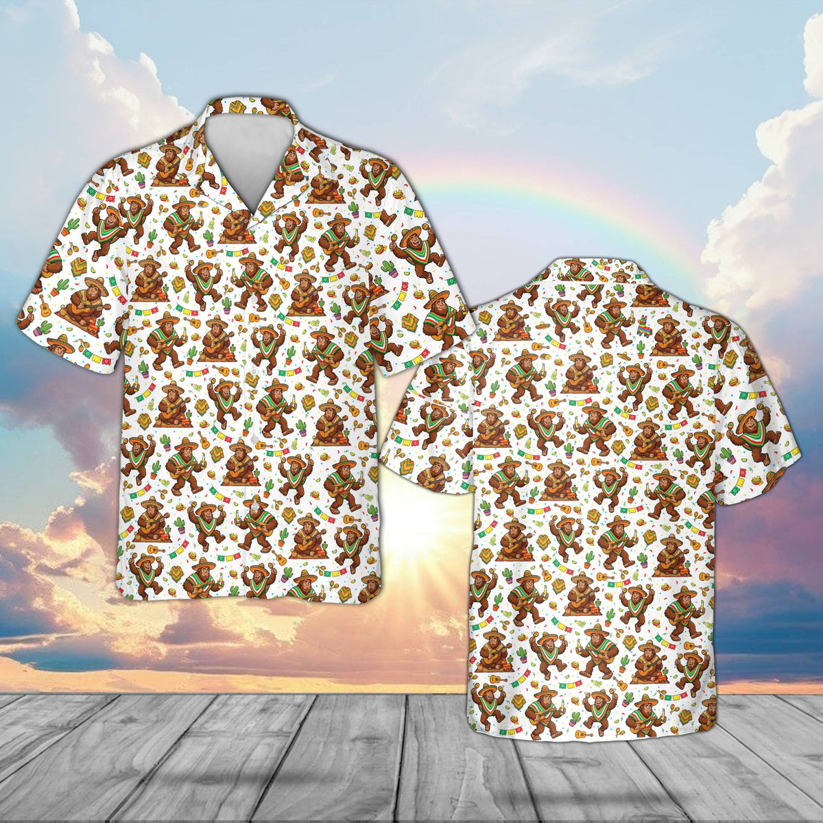 White version of the matching family hawaiian shirt with bigfoot playing guitar, front view