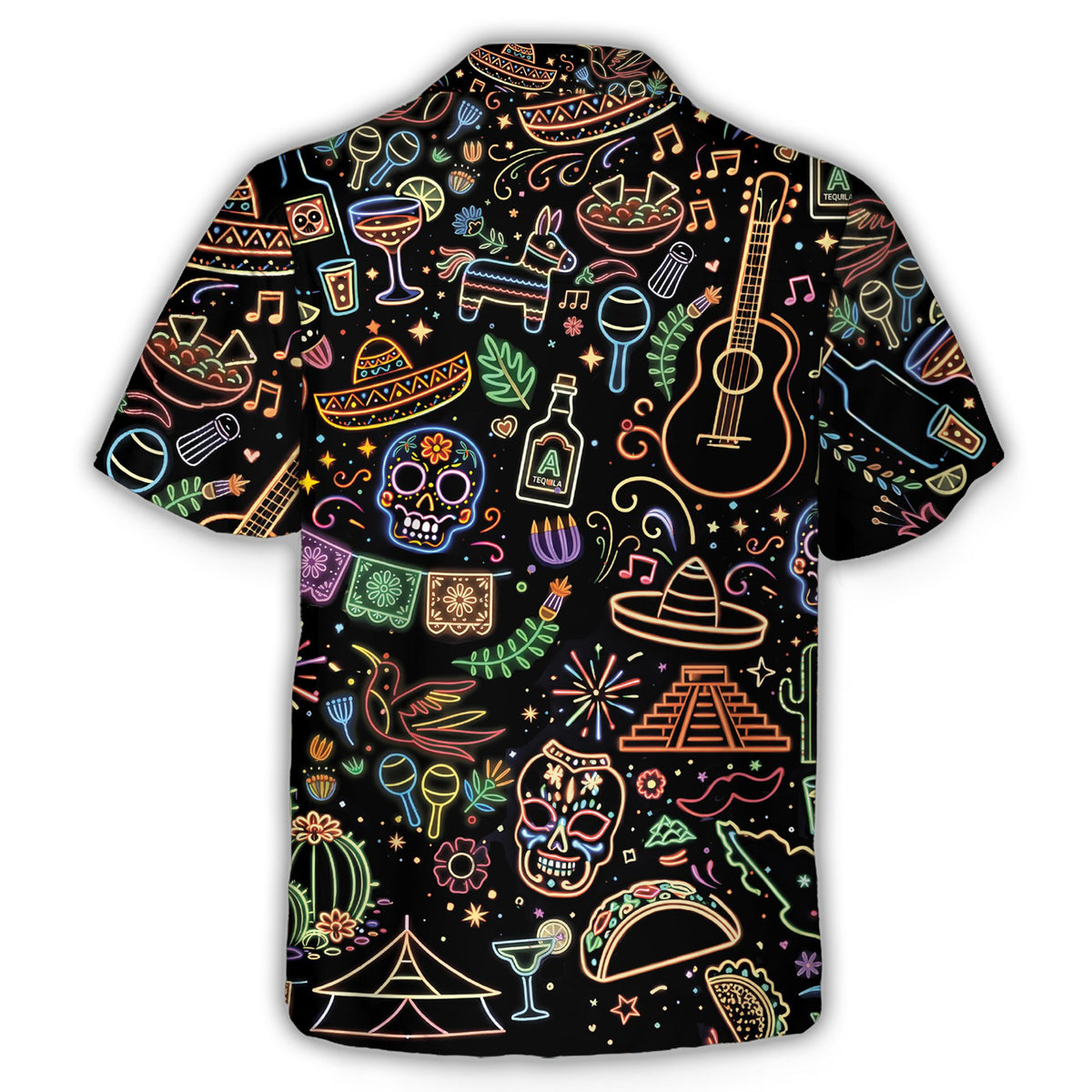 Back view of black neon skeleton cinco de mayo hawaiian shirt showing colorful piñata and guitar motifs