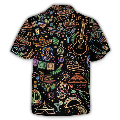 Back view of black neon skeleton cinco de mayo hawaiian shirt showing colorful piñata and guitar motifs