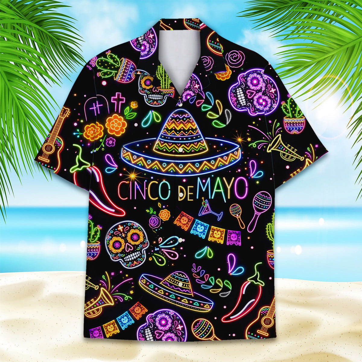 Neon cinco de mayo hawaiian shirt on a black background, alternative back view