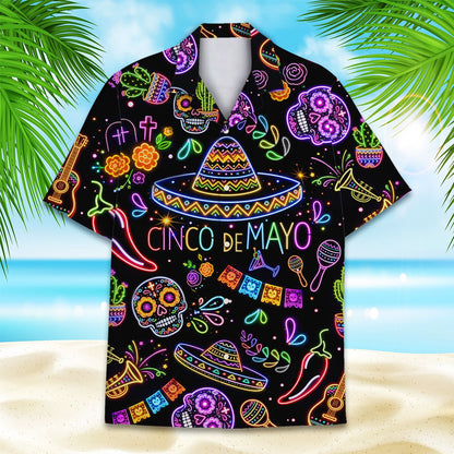 Neon cinco de mayo hawaiian shirt on a black background, alternative back view