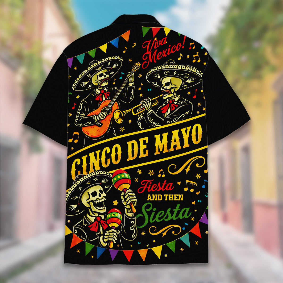 Detailed back view of the festive hawaiian shirt