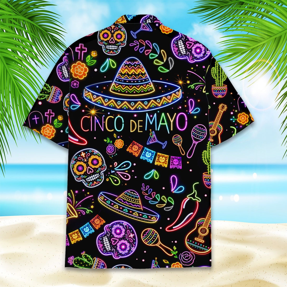 Neon cinco de mayo hawaiian shirt on a black background, back view