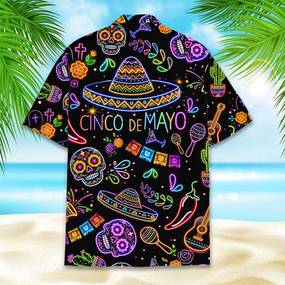 Neon cinco de mayo hawaiian shirt on a black background, back view
