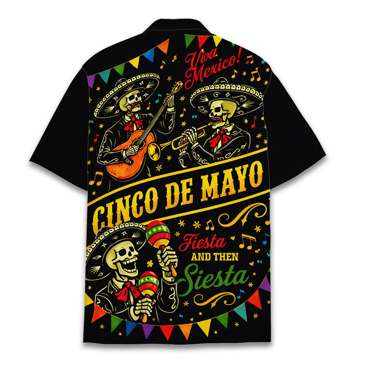 Back view of the black hawaiian shirt with skeleton mariachi band