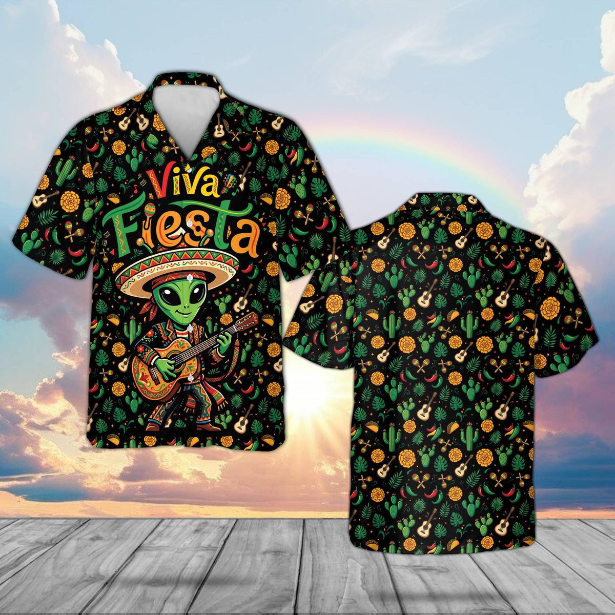 Black cinco de mayo hawaiian shirt featuring an alien in a sombrero playing a guitar, front view.