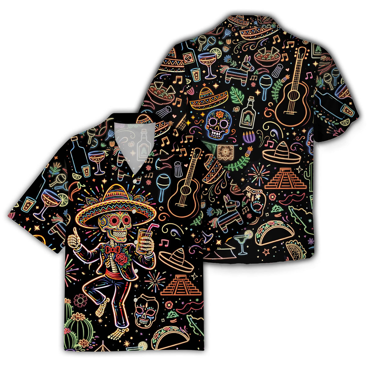 Front view of black neon skeleton cinco de mayo hawaiian shirt