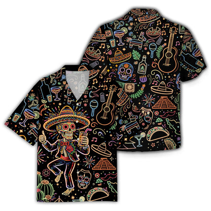 Front view of black neon skeleton cinco de mayo hawaiian shirt