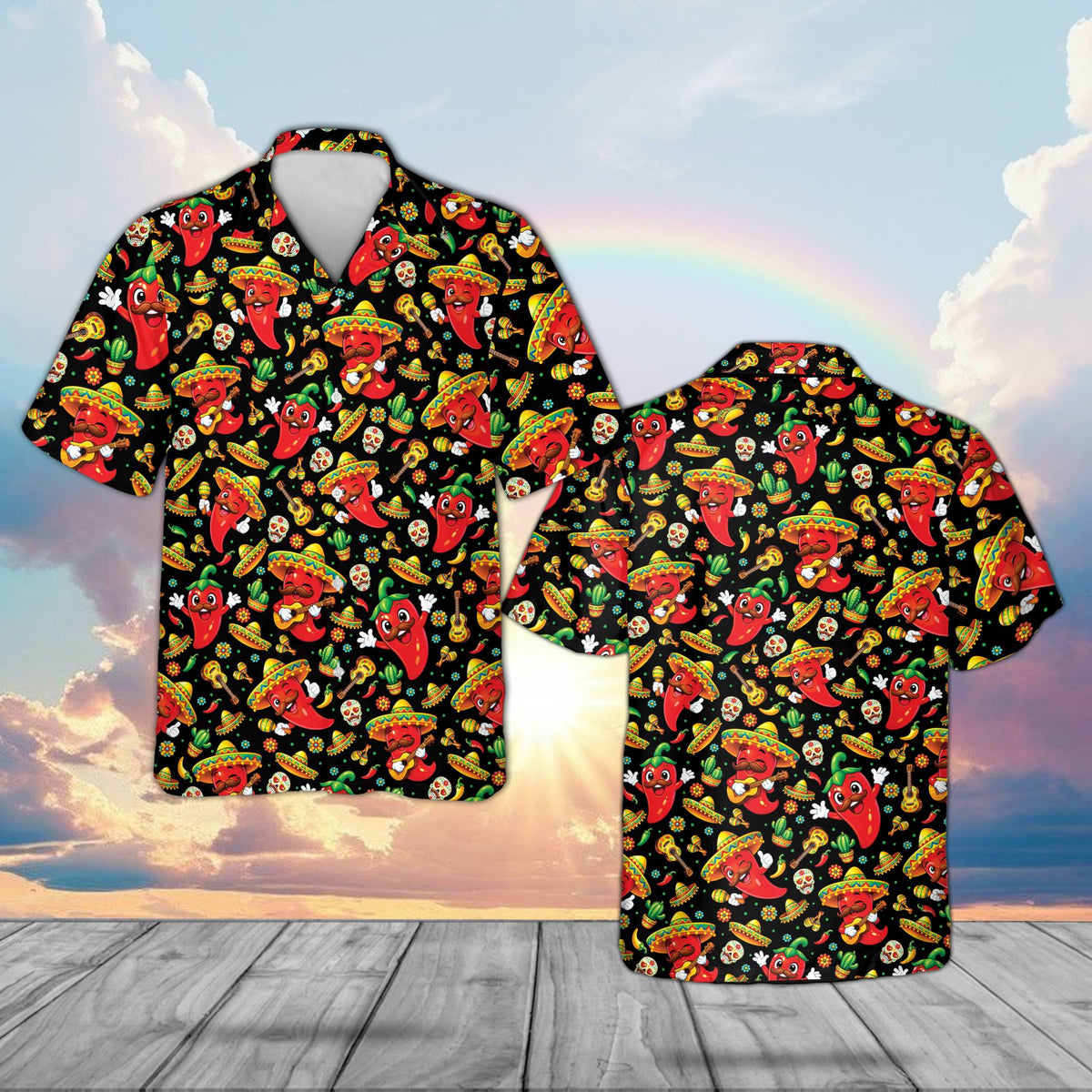 Black matching family hawaiian shirts with Cinco de Mayo chili pepper pattern, front view