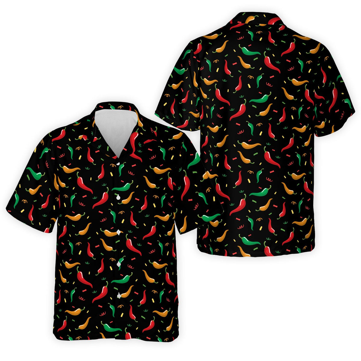 Black cinco de mayo hawaiian shirt with abstract chili pepper pattern, front view part of a matching family set