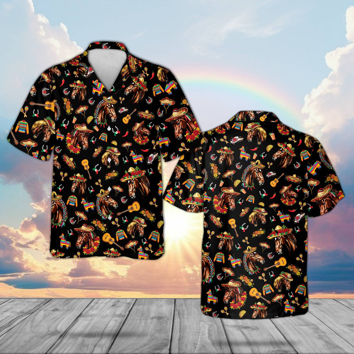 Matching family Hawaiian shirts with Cinco de Mayo pattern on black background, front view