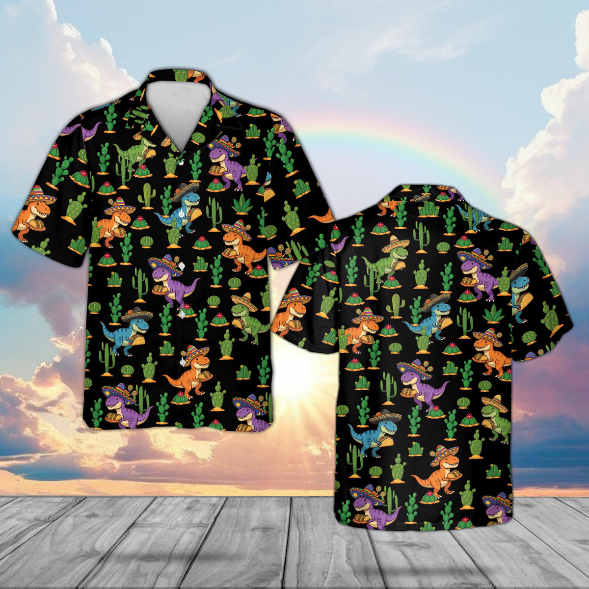 Black matching family hawaiian shirts featuring Cinco de Mayo T-Rex design, front view