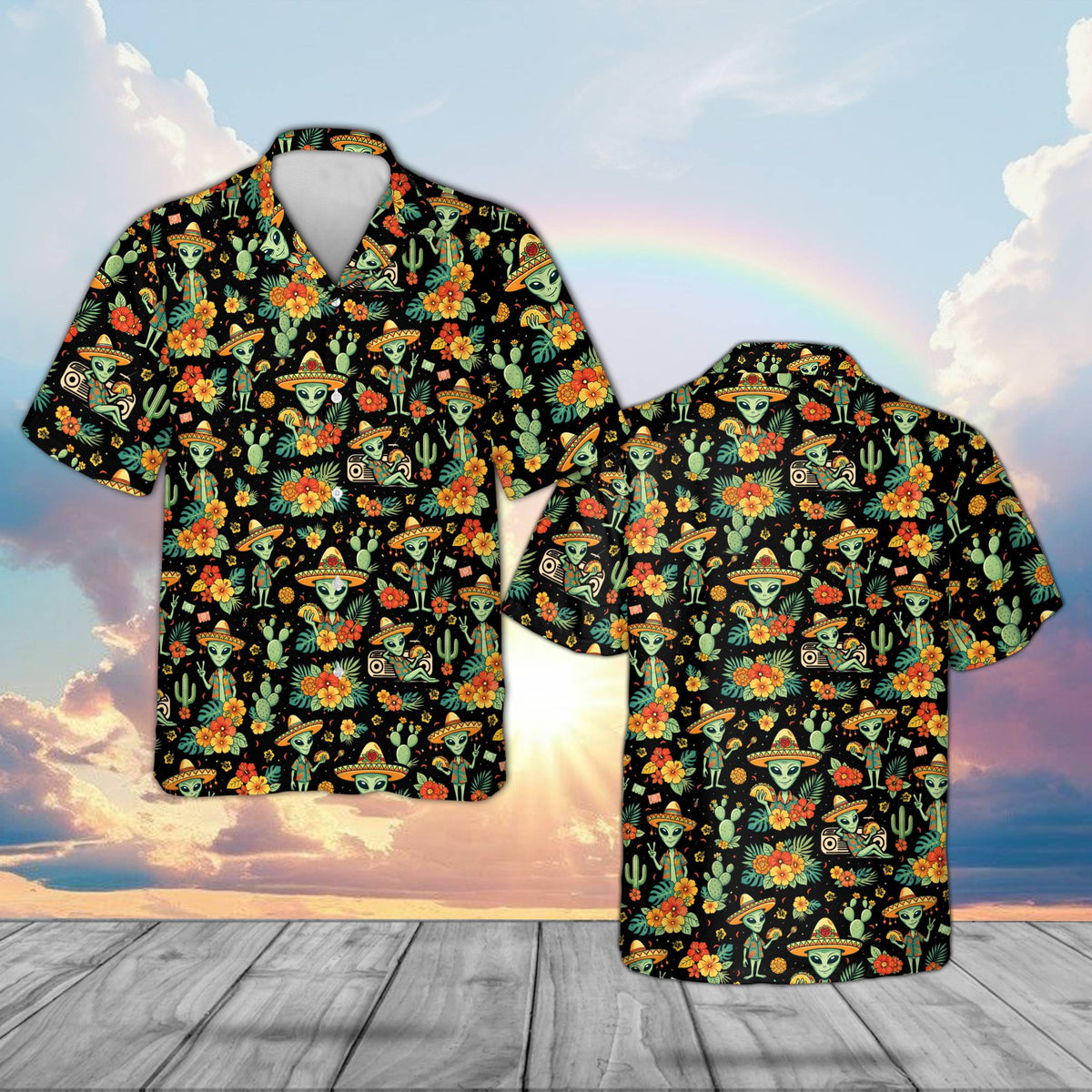 Green cinco hawaiian shirt featuring an alien fiesta pattern on a dark background, main view