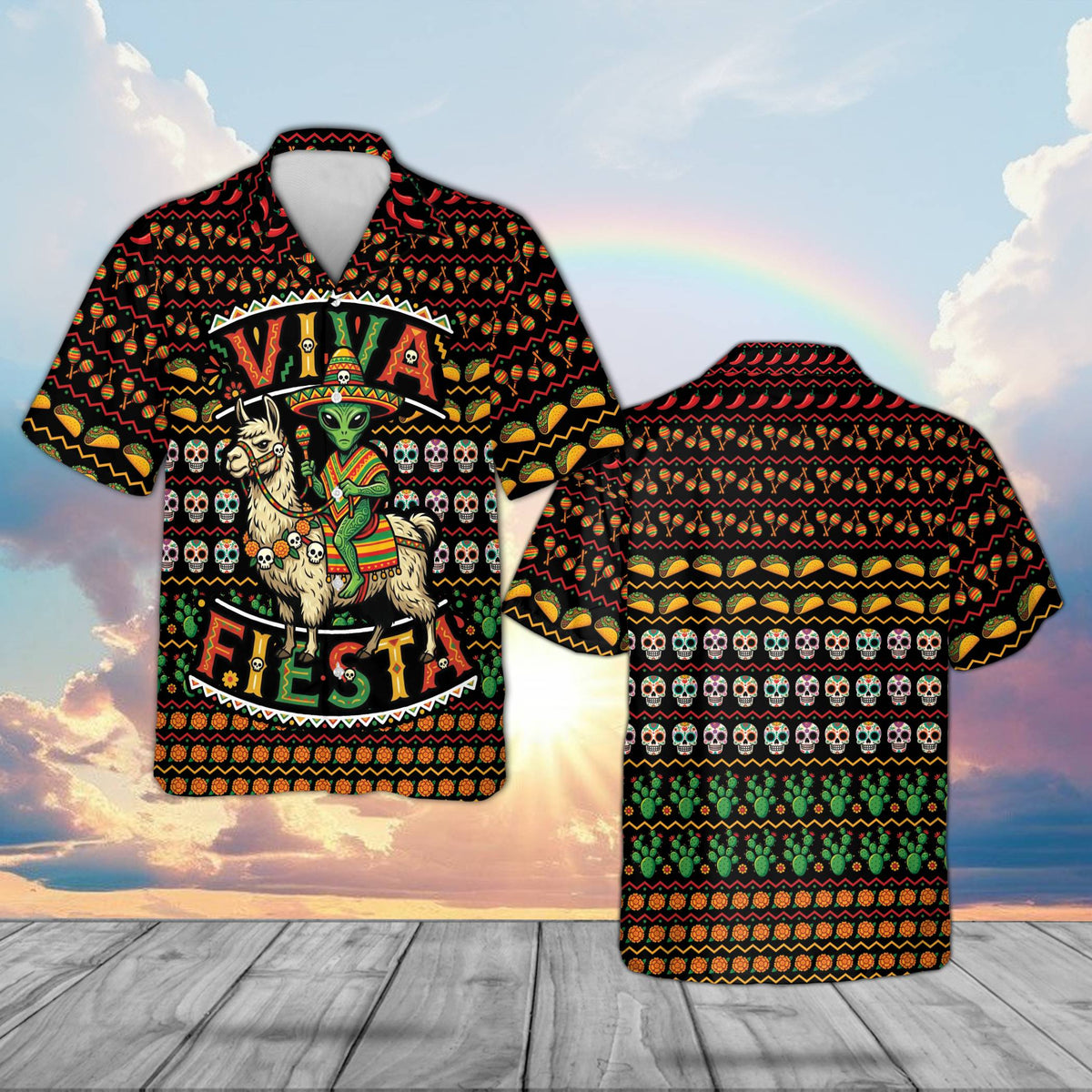 Black variation of the alien llama fiesta Hawaiian shirt, front view