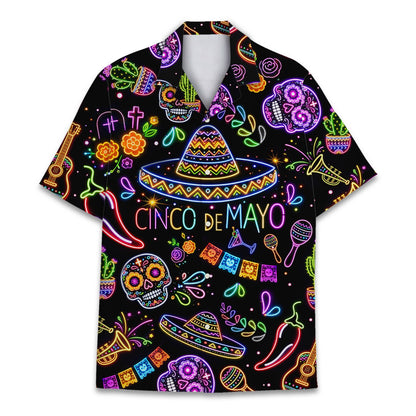 Neon cinco de mayo hawaiian shirt on a black background, main view