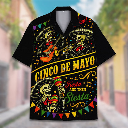 Cinco de mayo hawaiian shirt featuring a skeleton mariachi design on black background, main view