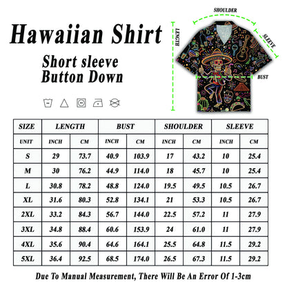 Detail view of neon Mexican cultural motifs on the black hawaiian shirt