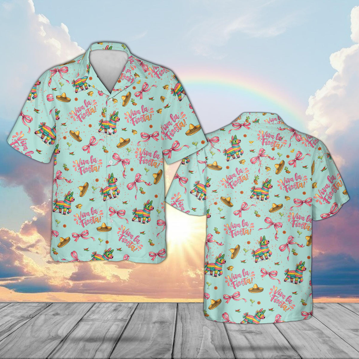 Light blue cinco de mayo hawaiian shirt with margaritas and ribbons, front view