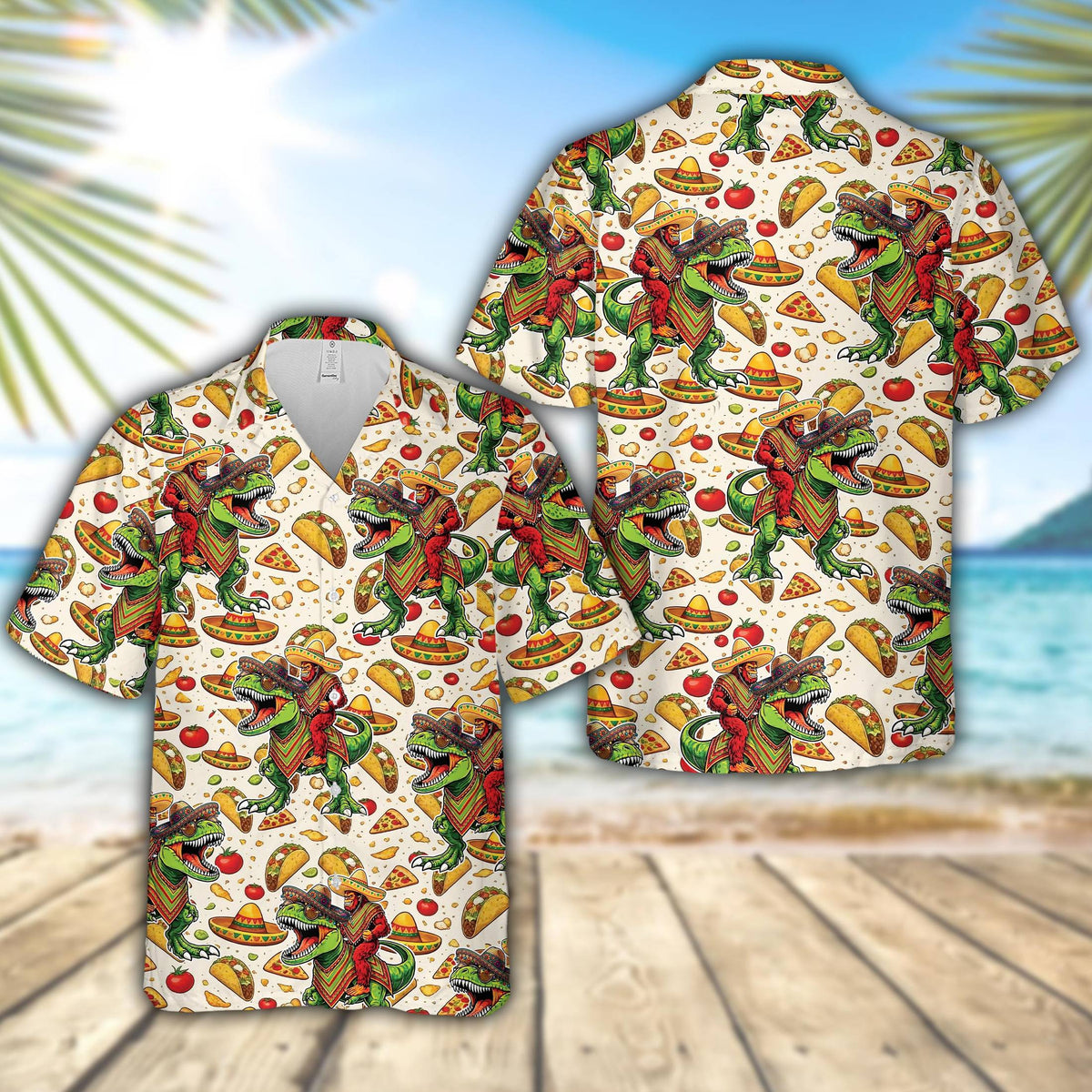 Cinco de Mayo dinosaurs Hawaiian shirt featuring a T-Rex in a sombrero and tacos, front view