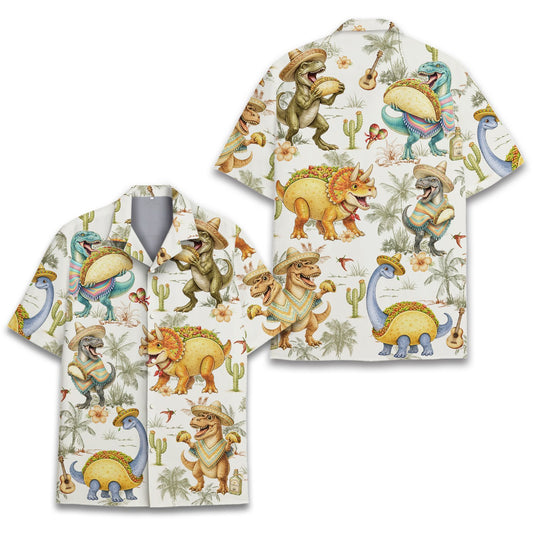 Cinco de mayo dinosaurs hawaiian shirt in white with green and yellow accents, main front view