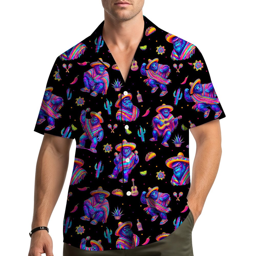 Alternative front view of the neon fiesta gorilla Hawaiian shirt