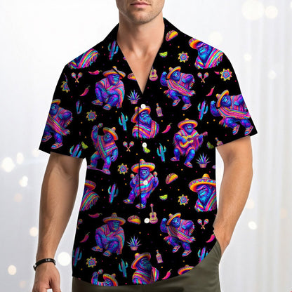 Another front view of the neon fiesta gorilla Hawaiian shirt