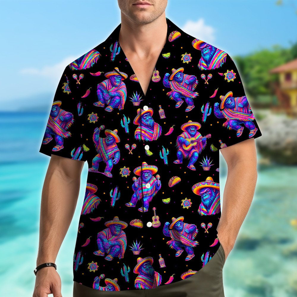 Additional front view of the neon fiesta gorilla Hawaiian shirt