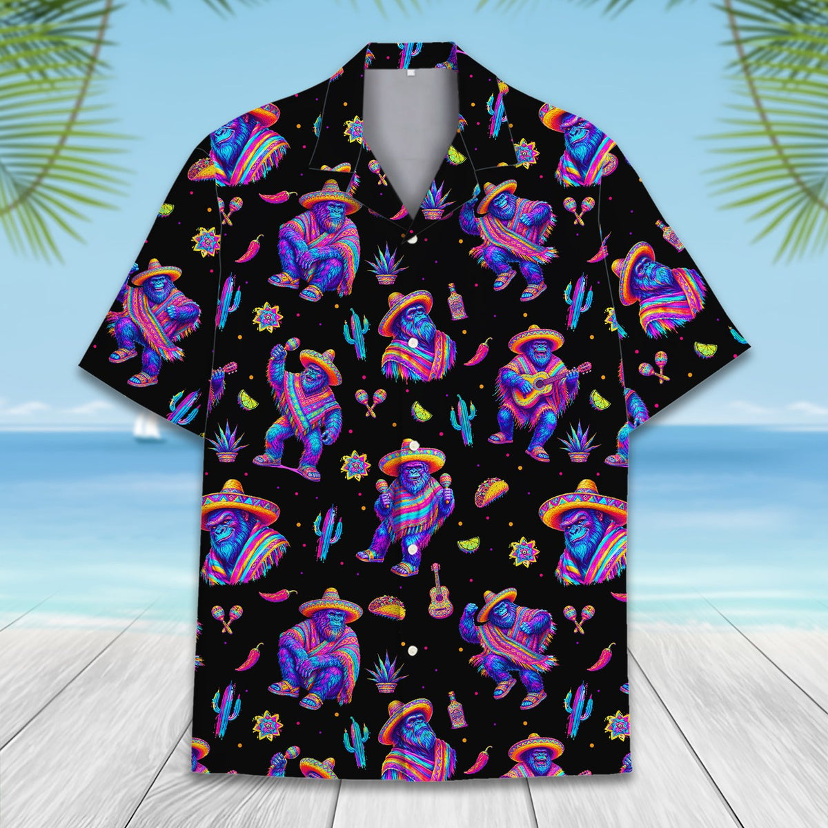 Close-up front view of the neon fiesta gorilla Hawaiian shirt