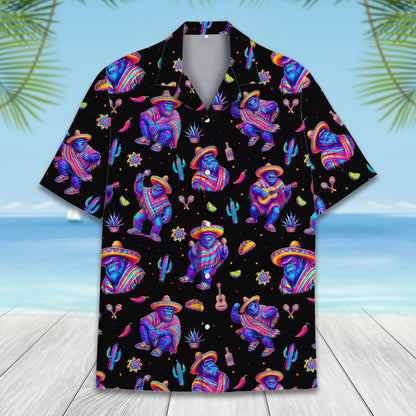 Close-up front view of the neon fiesta gorilla Hawaiian shirt