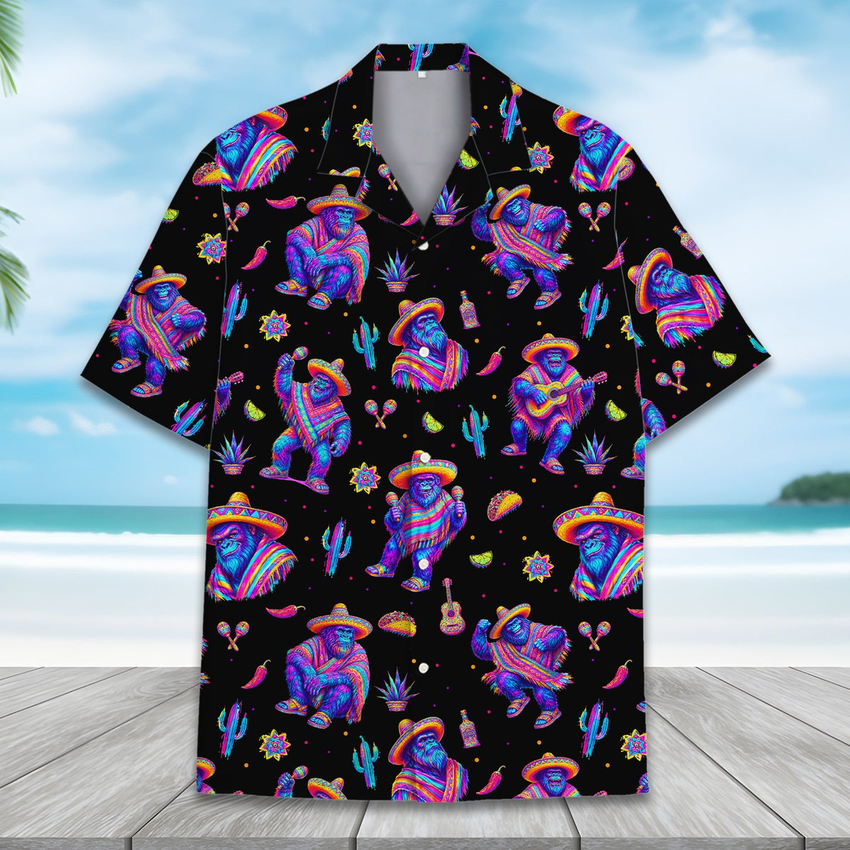 Detail front view of the neon fiesta gorilla Hawaiian shirt