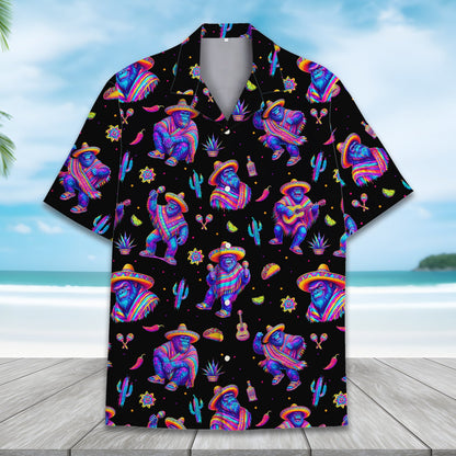 Detail front view of the neon fiesta gorilla Hawaiian shirt