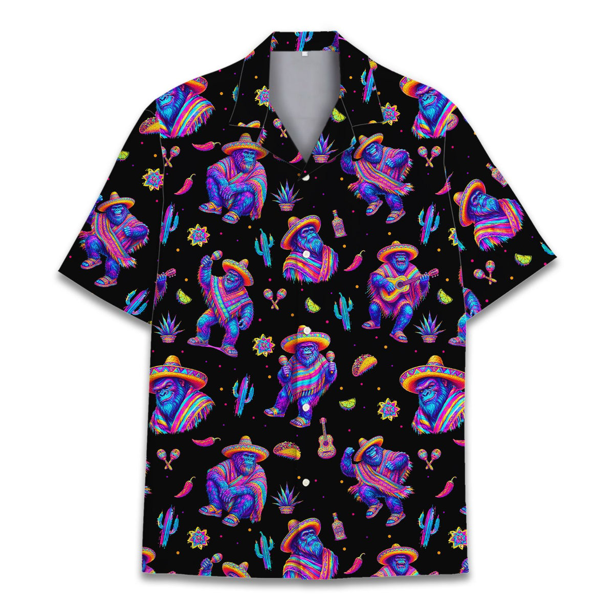 Front view of the neon fiesta gorilla Hawaiian shirt