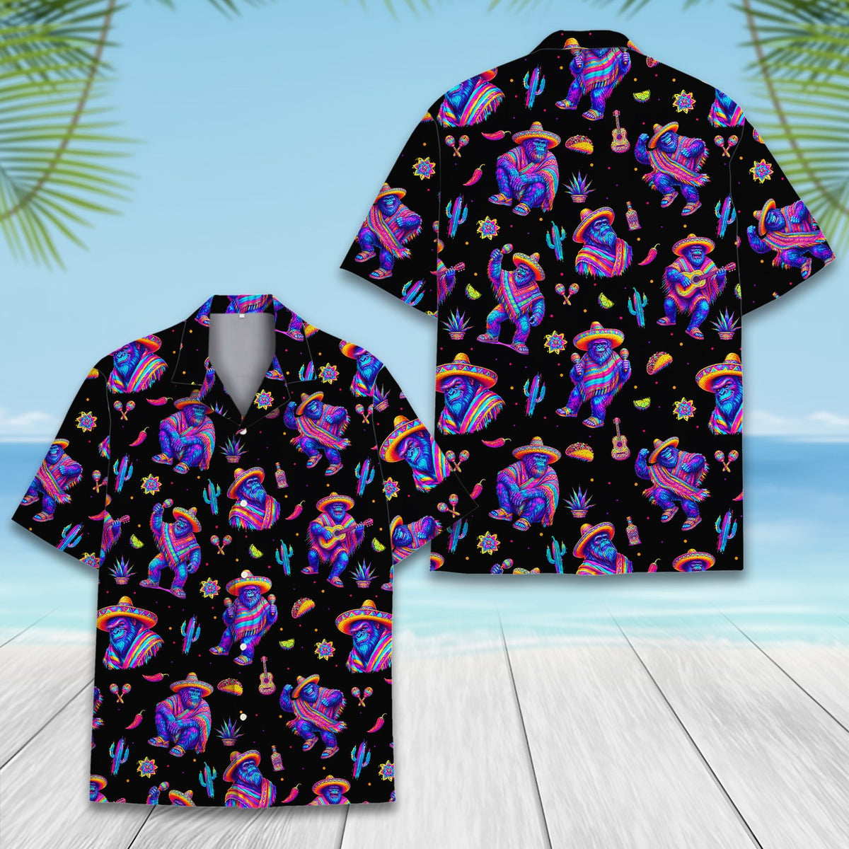 Alternative lifestyle view of the neon fiesta gorilla Hawaiian shirt