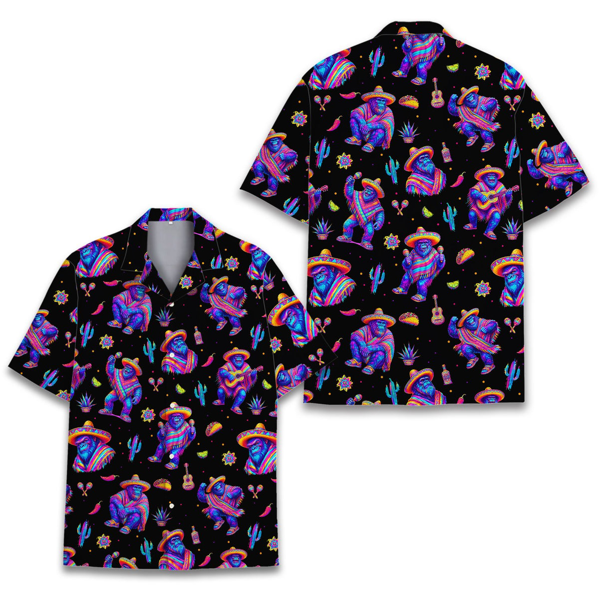 Lifestyle view of the neon fiesta gorilla Hawaiian shirt