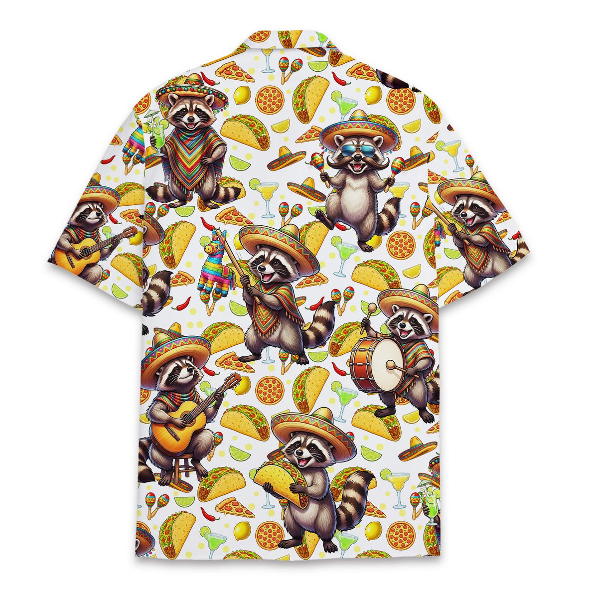 Back view of the matching family Hawaiian shirt with festive raccoon design
