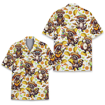 Cinco de Mayo fiesta raccoon Hawaiian shirt featuring raccoons with tacos and margaritas on a white background, main view
