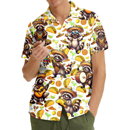 Second lifestyle view of a person wearing the fun Cinco de Mayo raccoon Hawaiian shirt