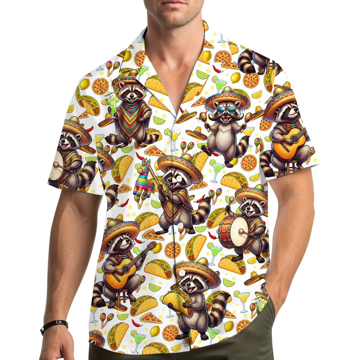 Lifestyle view of a person wearing the white fiesta raccoon Hawaiian shirt